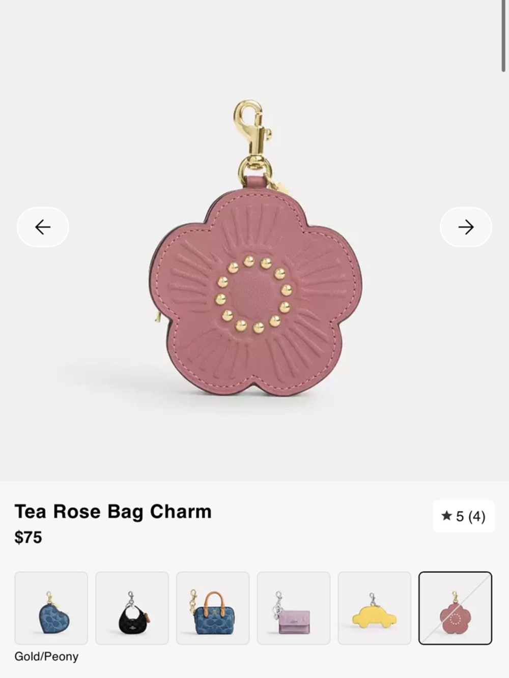 Coach Pink Flower Leather Bag Charm - CDB15 -Powder Pink Collection - Peony/Gold